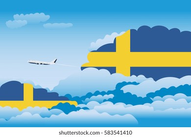 Clouds with Sweden Flags, Aeroplane Flying