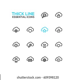 Clouds with Symbols - modern vector single thick line icons set. Cloud, magnifying glass, lock, gear, shield, star, unlock, time, key, hourglass, heart, mobile device, letter, globe, player