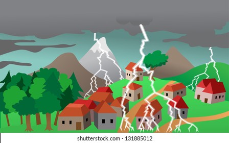 Clouds and thunder lightning and storm over village land, cartoon vector illustration