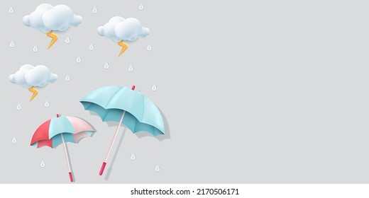 clouds, thunder, rainfall, and umbrellas 3d illustration. for monsoon season background with copy space