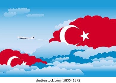 Clouds with Turkey Flags, Aeroplane Flying