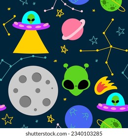 Clouds ufo pattern design for kids nursery - funny hand drawn doodle, seamless pattern. Moon, alien, stars, space, ufo, planet, constellation, spaceship. Dream big little one.