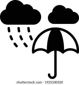Concepto de nubes y umberlla, diseño de iconos de glifos de equipos lluviosos, símbolo de la estación húmeda sobre fondo blanco, signo del tiempo de lluvia, material para la prevención del agua