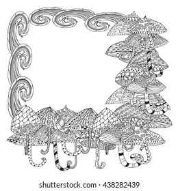 Clouds and umbrella. Coloring book page for adults and children. Hand drawn zentagles style. Black and white pattern for coloring book. Vector illustration