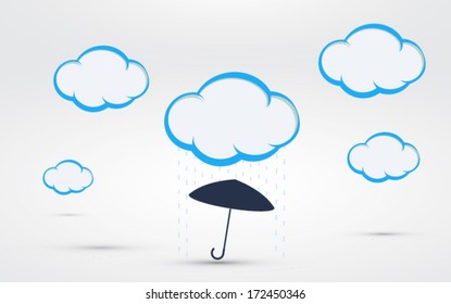 Clouds and umbrella on a bright background, Rainy day vector illustration