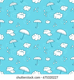 Clouds and umbrella - rainy blue colors cartoon seamless print. Textile pajama or wrapping pattern for kids.
