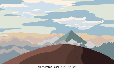 Clouds under two mountains in sunset. Vector illustration, landscape.