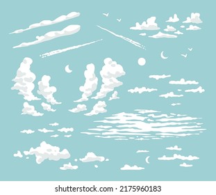 Clouds of various shapes. Kinds of cloudy sky. Elements for nature outdoor camping design