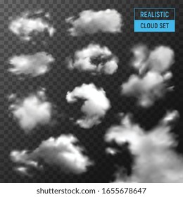 Clouds various types and shapes realistic set with stratus cumulus against dark transparent background monochrome vector illustration 