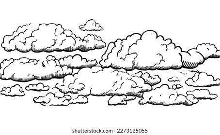 Clouds vector black line illustration isolated white. Sketch art
