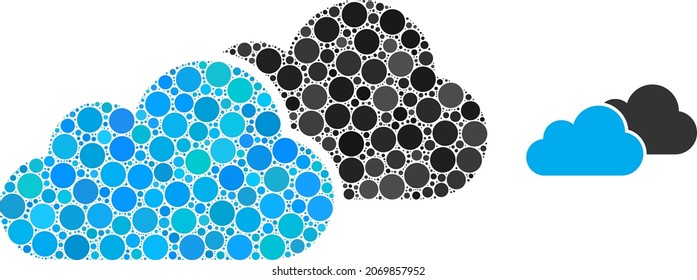 Clouds vector composition of circle dots in various sizes and color shades. Circle dots are composed into clouds vector illustration. Abstract vector illustration.