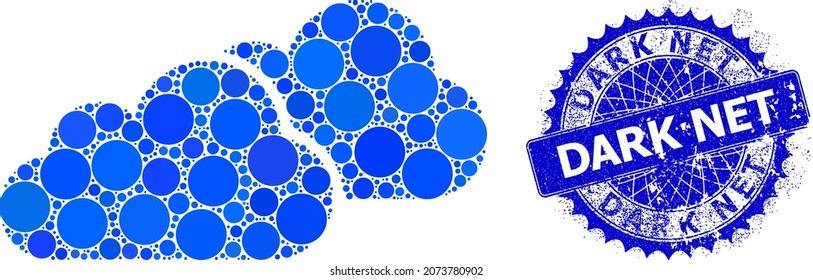 Clouds vector composition of round dots in various sizes and blue color hues, and scratched Dark Net stamp seal. Blue round sharp rosette stamp seal contains Dark Net text inside.