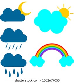 Clouds vector at daytime and clouds at nighttime. Clouds on rainy days and clouds on sunny days. A rainbow after the storm.