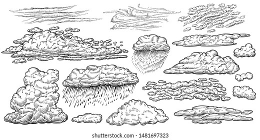 Clouds vector hand drawn set. Different types of cloud drawings: cumulus, rain, cirrus, stratus clouds and other. Weather line sketches in vintage style.