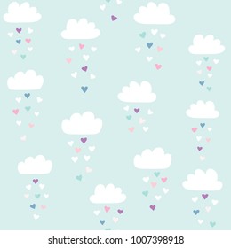 Clouds vector pattern with colorful hearts rain. Cute seamless background for Valentine's day. Illustration for babies, kids.