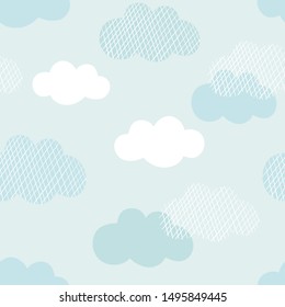 Clouds vector pattern. Cute colorful clouds seamless background. Hand drawn Scandinavian print design. 