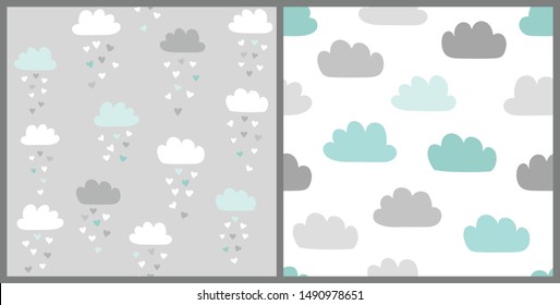 Clouds vector pattern set in scandinavian style. Cute seamless background for Valentines day with clouds and heart rain. Illustration for babies, kids.