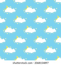 
clouds vector pattern, stars, crescent moon, seamless blue background, childrens texture.