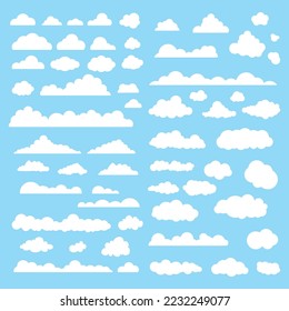 Clouds vector set.  Abstract white cloudy set isolated on blue background. 