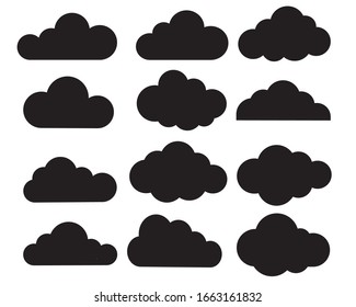 Clouds vector set. Different cloud shapes in black and white flat background.
