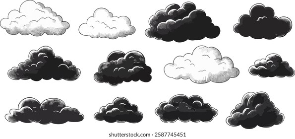 Clouds Vector Set: Hand-Drawn Style, Isolated on White Background