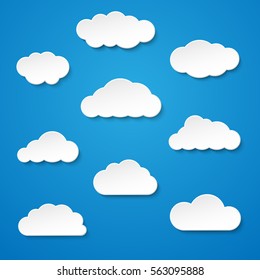 Clouds vector set. White icons on blue background.