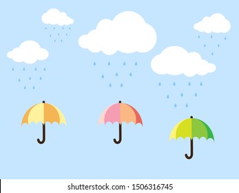 Clouds and water droplets with colorful umbrella in rainy day.Blue sky background.Weather forecast. Vector. Illustration.