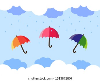 Clouds and water droplets with colorful umbrella in rainy day.Blue sky background.Weather forecast. Vector. Illustration.