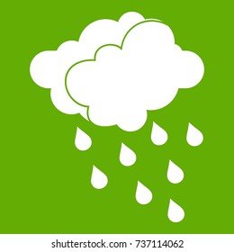 Clouds and water drops icon white isolated on green background. Vector illustration