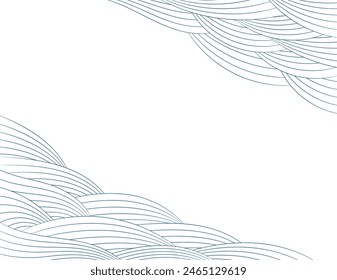 Clouds, waves, curved lines background, frame, border, on transparent. Line art style vector illustration. Design element, abstract landscape, backdrop, banner. Mid Autumn Festival, Chinese New Year