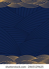 Clouds, waves, curved lines background, frame, border, gold on blue. Vector illustration. Design element, abstract landscape, backdrop, banner. Mid Autumn Festival, Chinese New Year card, poster