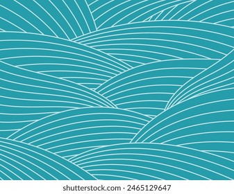 Clouds, waves, curved lines background white on blue. Line art style vector illustration. Design element, abstract landscape, backdrop, banner. Mid Autumn Festival, Chinese New Year card, poster