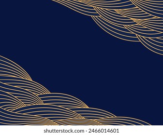 Clouds, waves, curved lines background, frame, border, gold on blue. Vector illustration. Design element, abstract landscape, backdrop, banner. Mid Autumn Festival, Chinese New Year card, poster