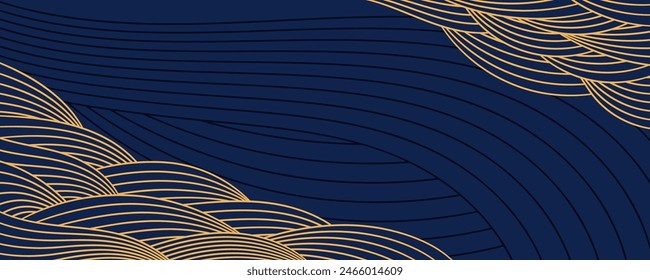 Clouds, waves, curved lines background, frame, border, gold on blue. Vector illustration. Design element, abstract landscape, backdrop, banner. Mid Autumn Festival, Chinese New Year card, poster