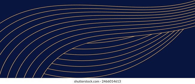 Clouds, waves, curved lines background gold on blue. Line art style vector illustration. Design element, abstract landscape, backdrop, banner. Mid Autumn Festival, Chinese New Year card, poster