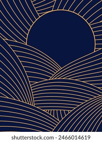 Clouds, waves, curved lines background, moon, sun, round element, copy space, gold on blue. Line art style vector illustration. Mid Autumn Festival design element, abstract landscape, backdrop, banner