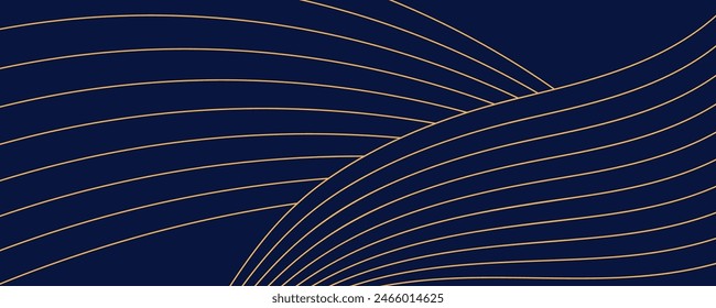 Clouds, waves, curved lines background gold on blue. Line art style vector illustration. Design element, abstract landscape, backdrop, banner. Mid Autumn Festival, Chinese New Year card, poster