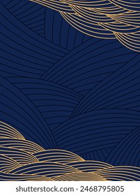 Nubes, ondas, líneas curvas de fondo, marco, borde, oro sobre azul. Ilustración vectorial. Elemento de diseño, paisaje abstracto, fondo, Anuncio. Festival de mediados de otoño, tarjeta de Año Nuevo chino, cartel