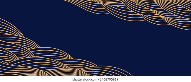 Clouds, waves, curved lines background, frame, border, gold on blue. Vector illustration. Design element, abstract landscape, backdrop, banner. Mid Autumn Festival, Chinese New Year card, poster