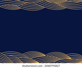 Clouds, waves, curved lines background, frame, border, gold on blue. Vector illustration. Design element, abstract landscape, backdrop, banner. Mid Autumn Festival, Chinese New Year card, poster