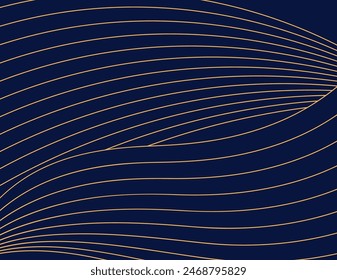 Clouds, waves, curved lines background gold on blue. Line art style vector illustration. Design element, abstract landscape, backdrop, banner. Mid Autumn Festival, Chinese New Year card, poster