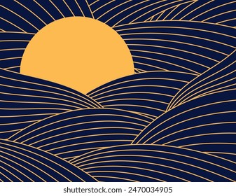 Clouds, waves, curved lines background, moon, sun, round element, copy space, gold on blue. Line art style vector illustration. Mid Autumn Festival design element, abstract landscape, backdrop, banner