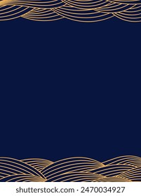 Clouds, waves, curved lines background, frame, border, gold on blue. Vector illustration. Design element, abstract landscape, backdrop, banner. Mid Autumn Festival, Chinese New Year card, poster