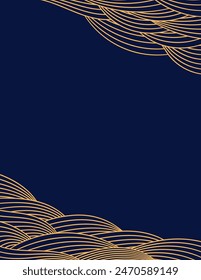 Clouds, waves, curved lines background, frame, border, gold on blue. Vector illustration. Design element, abstract landscape, backdrop, banner. Mid Autumn Festival, Chinese New Year card, poster