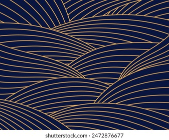 Clouds, waves, curved lines background gold on blue. Line art style vector illustration. Design element, abstract landscape, backdrop, banner. Mid Autumn Festival, Chinese New Year card, poster