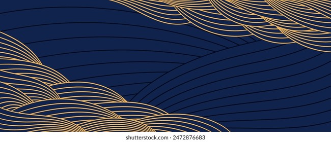 Clouds, waves, curved lines background, frame, border, gold on blue. Vector illustration. Design element, abstract landscape, backdrop, banner. Mid Autumn Festival, Chinese New Year card, poster