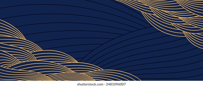 Clouds, waves, curved lines background, frame, border, gold on blue. Vector illustration. Design element, abstract landscape, backdrop, banner. Mid Autumn Festival, Chinese New Year card, poster