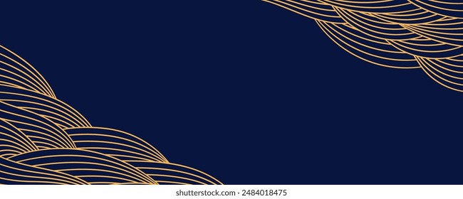 Clouds, waves, curved lines background, frame, border, gold on blue. Vector illustration. Design element, abstract landscape, backdrop, banner. Mid Autumn Festival, Chinese New Year card, poster