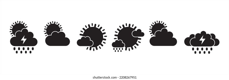 Clouds weather icon set. Noon day forecast vector icons sets. Weathers cloudy sign. Contain symbol of cloudy, rain, heavy rains, thunder storm lightning and mild rainy noon. Simple flat illustration.