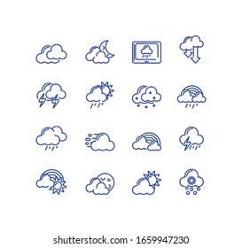 Wolken und Wettersymbole auf weißem Hintergrund, Linienstil, Vektorillustration